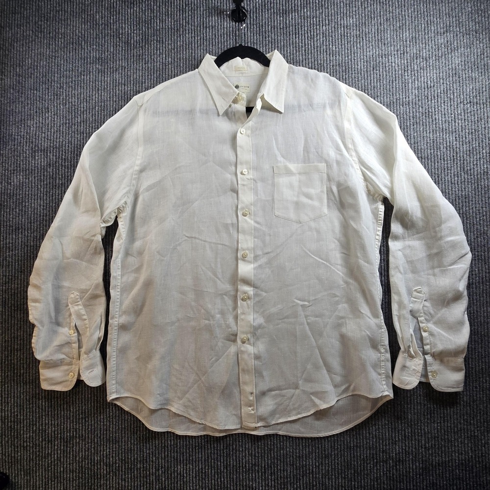 J Crew Shirt Mens Large White 100% Linen Button Up Long Sleeve Tailored Fit